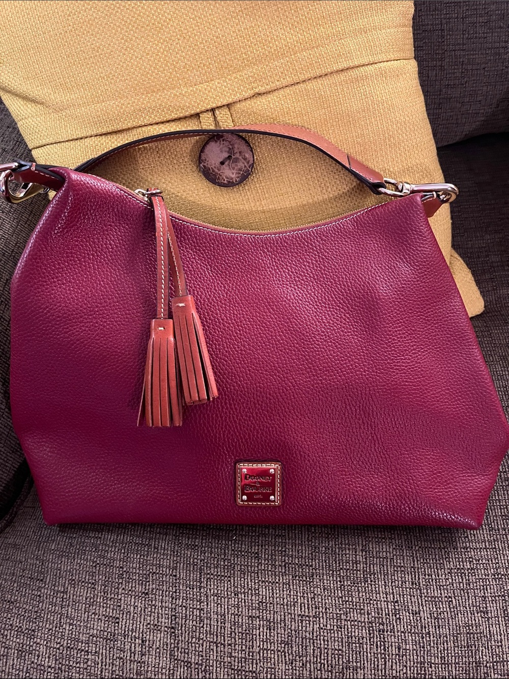 Dooney & Bourke Wine Pebbled Leather Shoulder Hobo with Tassels